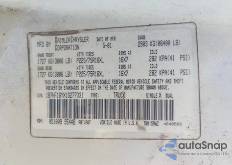 2001 Dodge Ram 1500 St from USA, damaged, VIN 1B7HF16YX1S277331